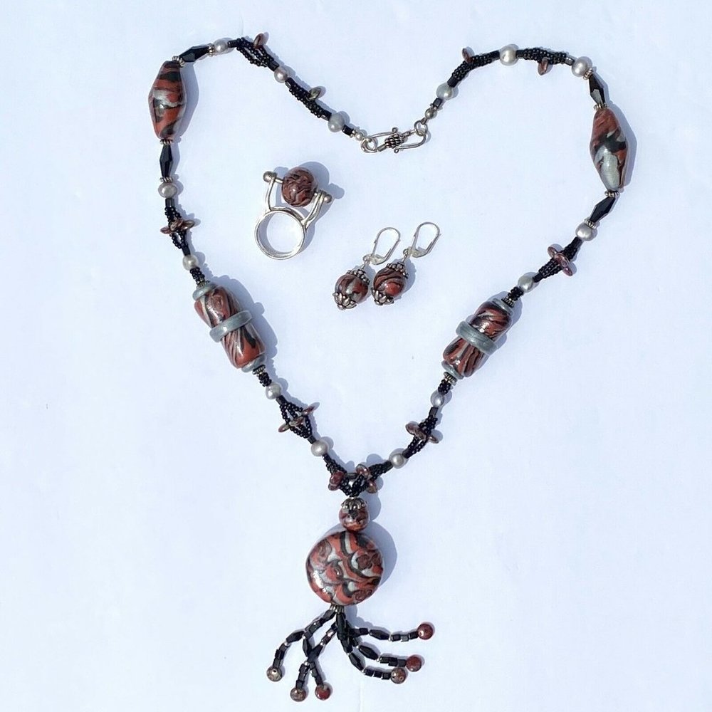 Black Is Back OOAK Necklace Earring Ring Jewelry Set Mokume Gane Beads Pearls SS